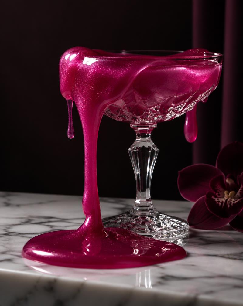 Glossy magenta slime dripping from a crystal coupe glass on marble